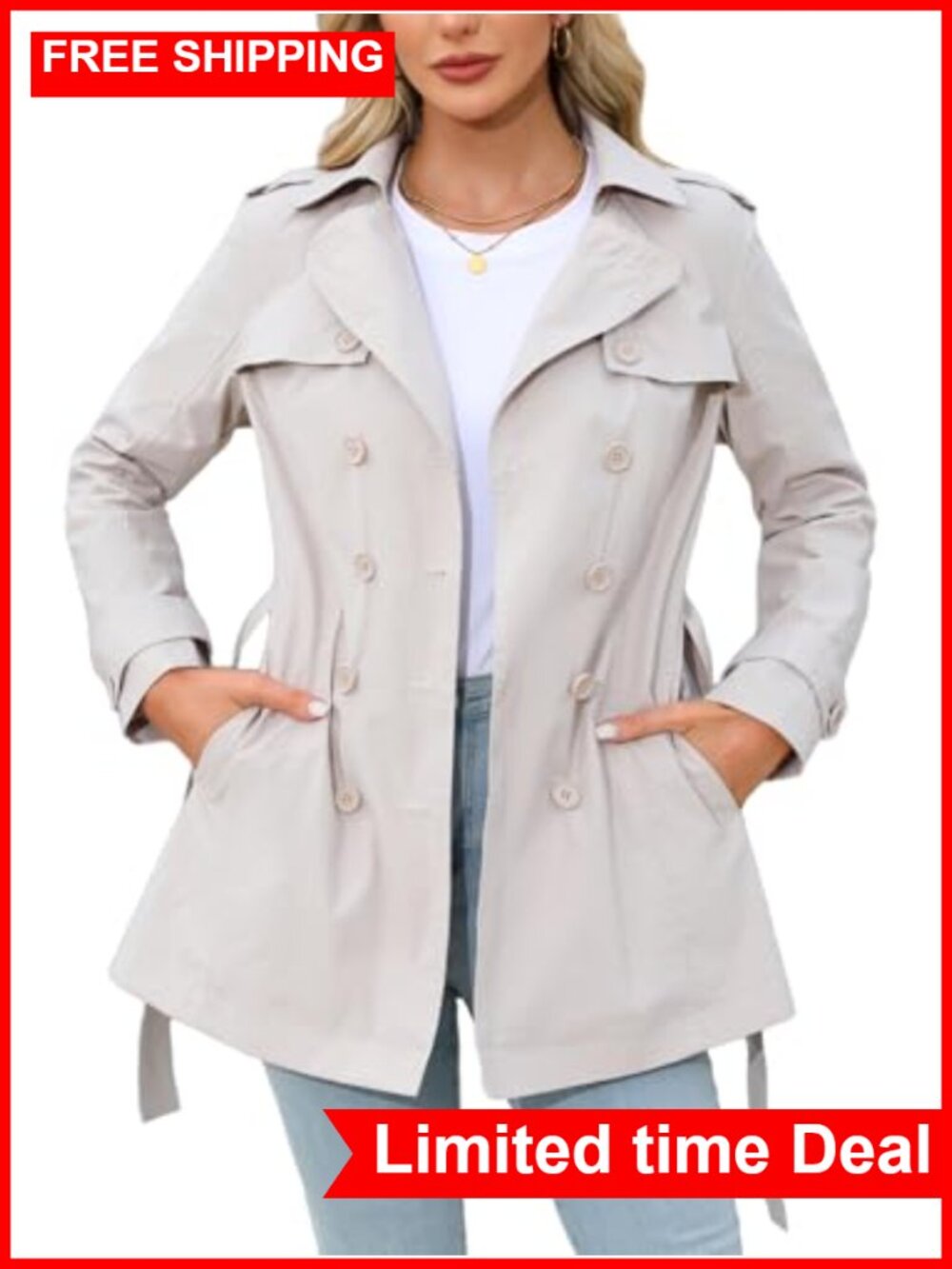 Women's Cropped Trench Coat Double Breasted Belted Jacket